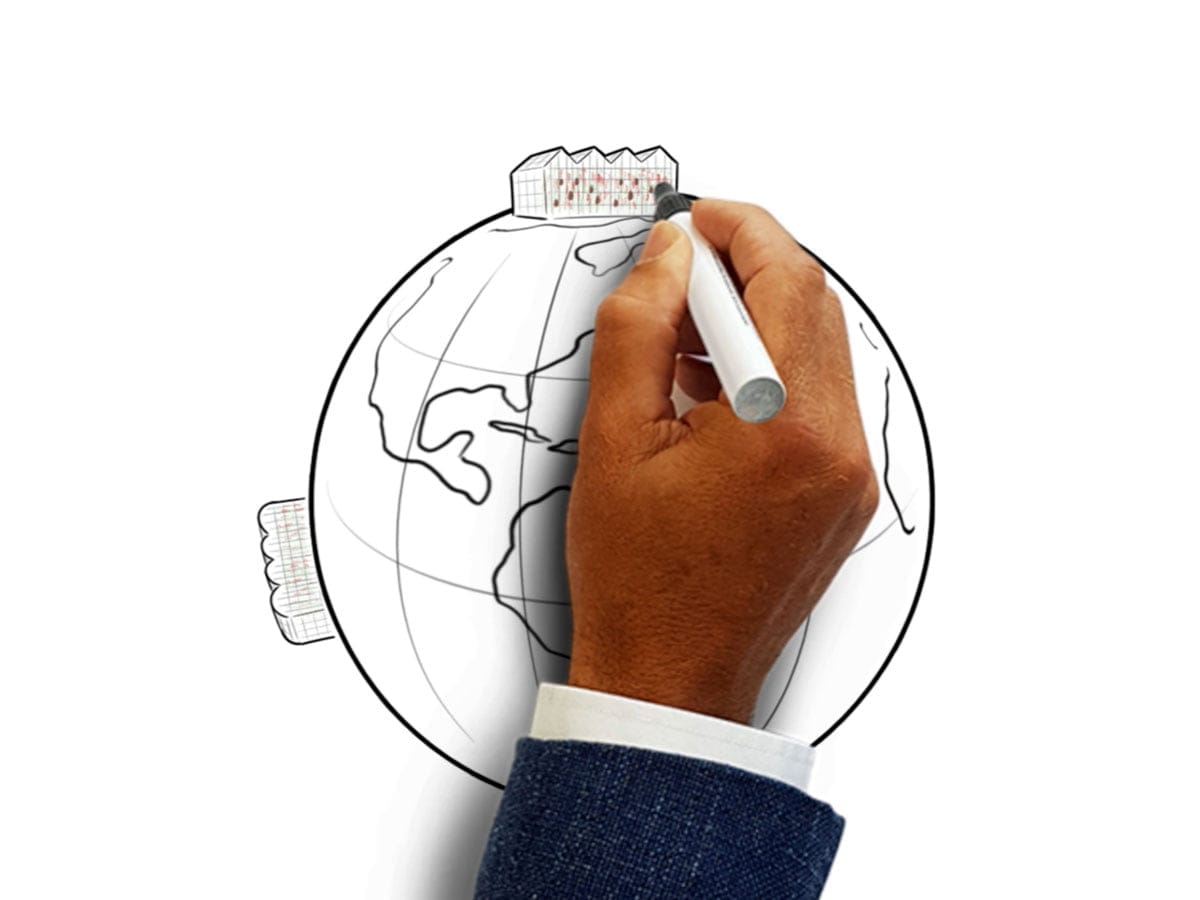 Whiteboard animatie. Hand tekent wereldbol.
