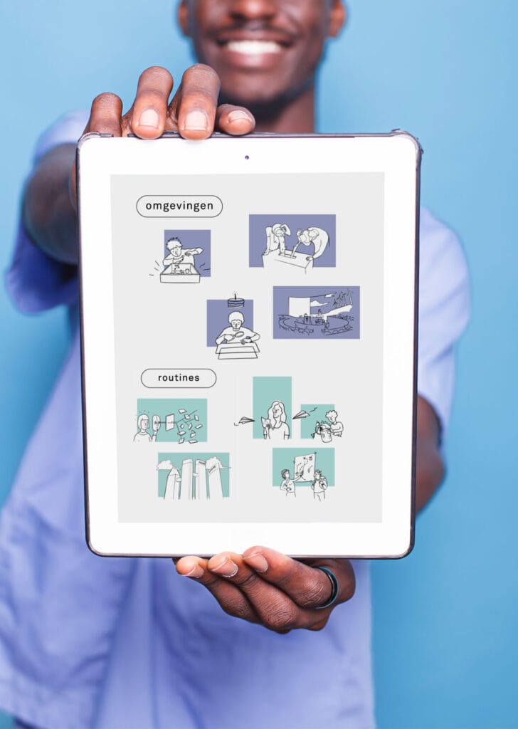 Handgetekende animatie over datahuishouding bij het Ministerie van OCW, weergegeven op een iPad.