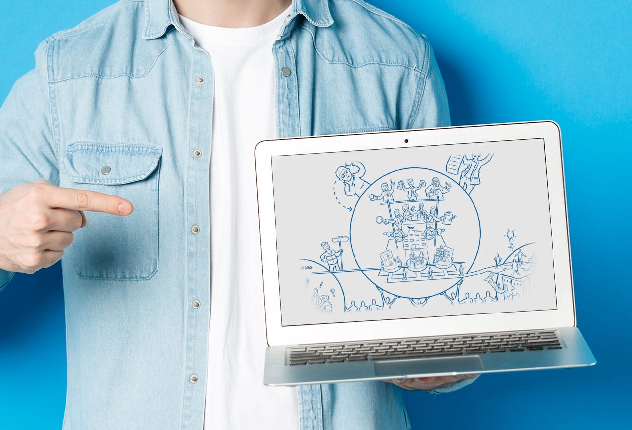 Whiteboard-animatie over kostenonderzoek, weergegeven op een laptop.